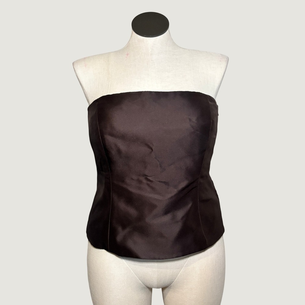Ann Taylor Women Strapless Top 16 Brown Silk Satin Side Zip Corset Style
